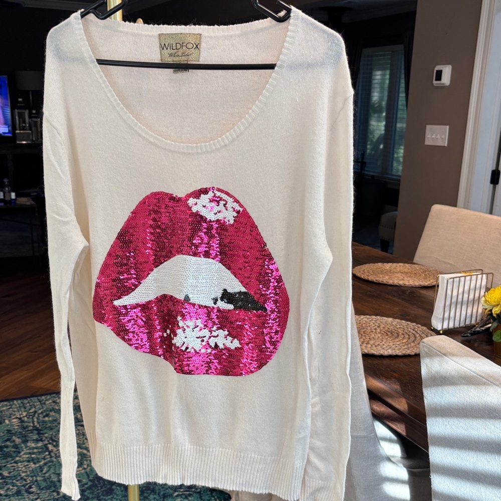 Wildfox Cream Sweater with Pink Sequin Lips